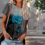 Naiste suvine roosiprindiga T-s&auml;rk, retromoe l&uuml;hikeste varrukatega t-s&auml;rgid, vabaaja tr&uuml;kitud topid XS sinine