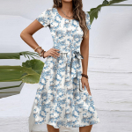 Naiste moekas retro mustriga tr&uuml;kiga v&auml;rviplokiga v&ouml;&ouml;ga vabaaja kleit L sinine