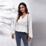 Kevadine ja s&uuml;gisene naiste pluus Lantern Sleeve &uuml;hev&auml;rviline v&ouml;&ouml;kohaga V-kaelusega pikkade varrukatega top L