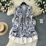 Kevad S&uuml;gis Naiste Vintage Tr&uuml;kiga Disainer Poodiumikleit Pikkade Varrukatega &Uuml;herealine Peokleidid XXL sinine