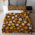 3 tk Retro lilleline tekikottide komplekt, pruunikas-oranž lilleprindiga pol&uuml;estervoodipesu padjap&uuml;&uuml;ridega, masinpestav, k&otilde;ikideks aastaaegadeks EU Twin(135x200cm)