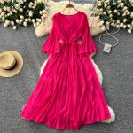 Sweet Kleit Flare Sleeve V Kaelus Print Ruffle N&ouml;&ouml;riga Rannapuhkus Naiste Korea moe suvekleidid One Size roosa punane v&auml;rv