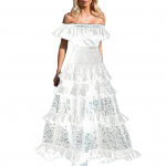 Daami bandeau kleit, &otilde;&otilde;nes &otilde;laga kaetud lapitehnikas, lillelise tikandiga maksikleit, volangidega pits, ballikleit, pulmakleit XXXL valge