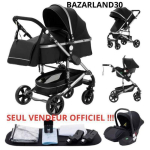 BAZARLAND30.Poussette Combin&eacute;e 3 en 1 Si&egrave;ge-Auto Nacelle Trio R&eacute;versible R&eacute;glable Haute Qualit&eacute; Roues increvables.Noir et argent