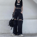 Techwear Gothic Black Cargo p&uuml;ksid Naiste t&auml;navariided &otilde;&otilde;nsad punk laia s&auml;&auml;rega &uuml;lisuured taskud p&uuml;ksid naistele hiphop L must