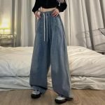 Kevadised naiste lahtised teksad Unisex teksap&uuml;ksid Vintage laia s&auml;&auml;rega teksap&uuml;ksid elastse v&ouml;&ouml;kohaga, s&uuml;gavad jalgevahega taskud Naiste t&auml;navar&otilde;ivad puusadele S sinine