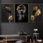 3 tk Aafrika naised kuldeheidetega L&otilde;uendikunstitr&uuml;kised - Raamita 2D plakatid, Elegantne must-kuldne seinadekoratsioon elutuppa 50x70cm-3pcs black