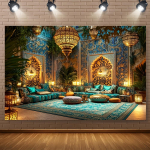 Elegantne Maroko laterna stseeni taust - pol&uuml;esterkiud, mitmeotstarbeline, keerukate siniste, kuldsete ja valgete mustritega 180x230cm