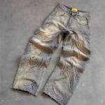 Meeste Baggy Esteetilised Streetwear Jeans Mees Retro Mood Laiad S&auml;&auml;red Denim P&uuml;ksid Graafilised Tikitud Disainer Hip Hop Denim P&uuml;ksid XXXL sinine