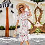 Suvised naiste V kaelus, volangidega varrukad, k&otilde;rge v&ouml;&ouml;koht Lineline lilledega tr&uuml;kitud &scaron;ikk kleidid S-XXL S beež