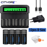 CITYORK 12PCS D aku R20 laetav aku suure mahutavusega 10000mAh suurus d LCD kiirlaadijaga 1,2V AA AAA CD jaoks