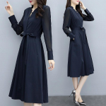 Kevadine ja s&uuml;gisene pikkade varrukatega kleit, mood naiste V-kaelusega v&ouml;&ouml;koht &otilde;huke seelik S tumesinine v&auml;rv