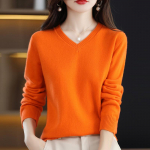 Ka&scaron;miirist kampsun Naiste kootud kampsunid Puhas villane talvemood V-kaelusega topp S&uuml;gisene soe Pullover Kampsunid L oranž