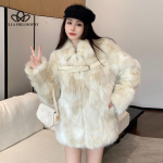 Talvine uus elegantne kunstrebase karusnaha mantel Korea stiilis vabaaja &scaron;ikk lahtise nahast pandlaga kunstkarusnahast l&uuml;hike mantel onesize valge