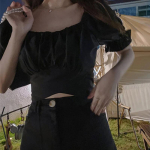 WTEMPO L&uuml;hikesed mullivarrukatega v&ouml;&ouml;ris&auml;rgid Naiste suvised &scaron;ikid vabaaja topid Naiste prantsuse stiilis kandiline krae, soliidsed &otilde;hukesed k&auml;rbitud topid S valge