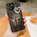 Luksuslik kiviprindiga meigipeegli ja p&auml;rlmustriga s&uuml;damekujuline &uuml;mbris iPhone 15 Pro Max 14 13 12 Pro Max 11 jaoks. K&otilde;ikeh&otilde;lmav kukkumiskaitse. iPhone 15 Pro Max must