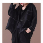 Vabaaja suur kirjanduslik ja kunstiline kapuutsiga pestud vana teksariidest l&uuml;hike jope ONE SIZE must
