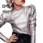 Kevad-s&uuml;gis naiste topid &Uuml;mara kaelusega pikkade varrukatega pullover Topid Punk stiilis T&auml;isroosa/kuldne/h&otilde;bedane V&auml;rv vaba vabaaja T-s&auml;rk Naiste mood vabaaja L kuldne