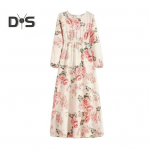 Naiste kaelus, pikkade varrukatega maksikleit, elastne k&otilde;rge v&ouml;&ouml;kohaga vaba &auml;&auml;ris, lillemustriga kleit, t&auml;navariided L roosa