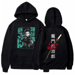 Kamado Tanjirou Demon Slayer tr&uuml;kitud kapuutsiga Anime graafiline kampsun, naiste meeste vabaaja topid, pikkade varrukatega fliisist kapuutsiga pullover XXL must