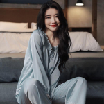 Naiste satiinist prantsuse printsessi palee stiilis pidžaamakomplekt, magus pikkade varrukatega &uuml;likonna pidžaama L sinine