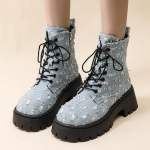 Moodsad Rimocy Retro rebitud teksariidest platvormiga poolsaapad naistele paksu p&otilde;hjaga paeltega kingad, naiste mood sinised teksad, paksu kontsaga poolsaapad 2024 35 must