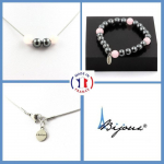 Pierres et Min&eacute;raux. Parure Bracelet Collier perles Quartz rose + H&eacute;matite 8 mm. Chaine en Taille personnalisable.