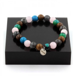 Pierres et Min&eacute;raux. Bracelet Perles Quartz rose + Labradorite + Chrysocolle + bois 8 mm. Fabriqu&eacute; en France.
