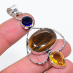Tiger Eye, Citrine Handmade 925 Sterling Silver Jewelry Pendant 2.64 o3r61