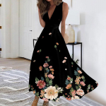 Naiste pikk kleit Maxi kleit vabaaja kleit Swing Kleit Lilleline kleit Lilleline mood T&auml;navar&otilde;ivad &otilde;ues Igap&auml;evane kuup&auml;evaprint Varrukateta V-kaelusega kleit S tumesinine