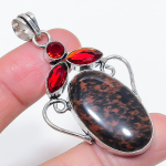 Natural Mahogany Obsidian, Garnet 925 Sterling Silver Jewelry Pendant 2.44 a8k53