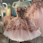 S&auml;delevad 3D Lilled Ballikleidid L&uuml;hikesed Quincea&ntilde;era Kleitid Magusad Varrukateta Promi Peokleit Pitskorsett &Otilde;htukleit S roosa