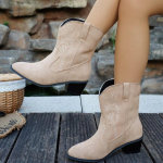 Women's Western Cowboy Embroidered Boots Fashion Low chunky Heel Round Toe Fall Short Booties Shoes 40 beež