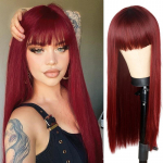 XINRAN Fashion pikkade sirgete juustega parukas koos Bangs Wine Red s&uuml;nteetilisest kiust parukas naistele igap&auml;evaseks kandmiseks