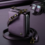 Samsung Galaxy Z Flip 7 5G 2025 jaoks Luksuslik &uuml;mbris Ristkorrige rihm Kokkupandav RFID Nahast Kaardihoidja Coque Samsung Z Flip7 Rahakott Kate Case & Strap&Galaxy Z Flip 7 lilla