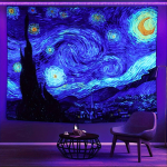 Van Gogh T&auml;htede &ouml;&ouml; Mustvalgusti Seinavaip UV-reaktiivne Helendab pimedas Seinakunst Magamistoa Dekoor Ps&uuml;hhedeelne Fluorestseeruv Taust 150X180CM blue