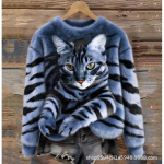 2026 Naiste 3D-prinditud fliisist dressipluus kassidisainiga &Uuml;mmargune kaelus Pikkade varrukatega Pullover Talvine Medium gray