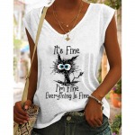 Black Cat Print V-kaelus ja varrukatega avara vestiga l&uuml;hikeste varrukatega topp naistele L