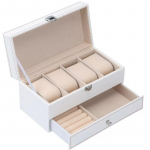Kahetasandiline 4 pesaga kellakarbi hoiuruum, meeste naiste PU-nahast k&auml;ekellade vahend, ehtesahtliga ehtesahtliga vitriin 4 Slots-white