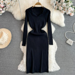 Korea retrostiilis pullover kampsun kleit Naiste moodne soliidne allapoole kaetav pikkade varrukatega liibuv s&uuml;gistalvine kootud kleit One Size must