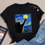 Van Gogh Starry Night Cat In the Print Mood Pehme suvine naiste T-s&auml;rk Kunst Maalimine Moe stiil Kaelusega T-s&auml;rk XXL