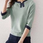 Kevadine ja s&uuml;gisene naiste pluus T-s&auml;rk, mis on vastuoluline disain as&uuml;mmeetriline kootud kampsun Seitsmeveerandvarrukatega pullover kudum One Size roheline
