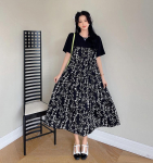 MODIQUE suvine suures suuruses naiste vabad mitmek&uuml;lgsed A-seeria mock, kaheosaline lilleline pikk kleit Naiste vabaaja &uuml;lisuured puuvillased l&uuml;hikeste varrukatega o-kaelusega kleidid XL must