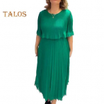 Naiste suvekleit, poolvarrukad, &uuml;mmargune kaelus, suur kahekihiline plisseeritud ebaregulaarne &auml;&auml;ris &Scaron;ifoon hingav pehme igap&auml;evane kandmine pidudel s&otilde;itmine Maxi M roheline