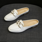 Naiste muulad Riietuvad suvised kontsad, libisevad slaidid Seljata jalatsid Suletud kandilise varbaga Tursked kontsadega metallkettmullid naistele vabaaja t&ouml;&ouml;kingad 35 valge