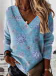 S&uuml;gis- ja talvemood Uus naiste elegantne V-kaelusega tr&uuml;kitud top, l&otilde;tv plusssuuruses temperament vabaaja pikkade varrukatega pullover 5XL sinine