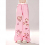 Hikigawa &scaron;ikk mood Naiste suvine Kawaii Bear Print vabaaja sirged p&uuml;ksid Vintage multikas lahtised laiad p&uuml;ksid Mujer S roosa