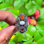 Natural Rainbow Moonstone,Carnelian Stone 925 Sterling Silver Ring S.10.5 z9a61
