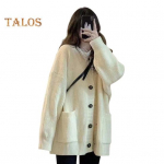 Naiste kampsunmantel V-kaelusega pikkade varrukatega &uuml;hev&auml;rviline kudumismantel suurte taskutega keskmise pikkusega lahtise l&otilde;ikega kampsun-kardigan khaki