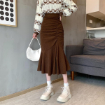 K&otilde;rge v&ouml;&ouml;kohaga Midi seelikud naistele Kevadised Slim Fit puusa merineitsi seelik Korea volangidega pruunid seelikud S must